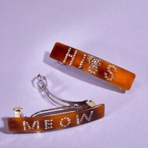 Meow And Hiss Brown Hair Clips with Rhinestone Letters